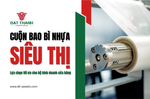 Banner quảng cáo cuộn bao bì nhựa siêu thị của Đạt Thành International với hình ảnh trục máy công nghiệp đang vận hành cuộn màng nhựa trong suốt.